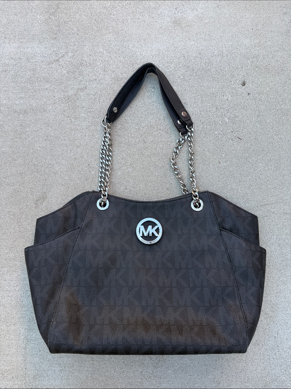 Michael Kors Black MK Logo Shoulder Saffiano Jet Set Tote with Chain Straps